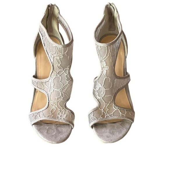 ALDO Beige Suede Embroidered Mesh Open Toe Strappy Back Zip High Heels Women 7.5 - Picture 4 of 13